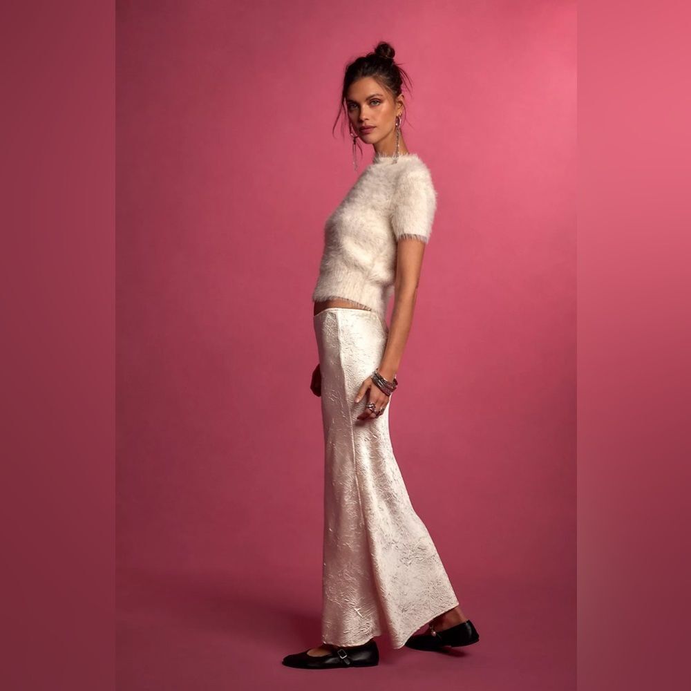 Free People Alexandra Maxi Crushed Satin Skirt Set in Tofu